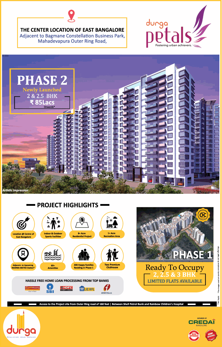 Phase 2 newly launched 2 and 2.5 BHK Rs 85 Lacs at Durga Petals Bangalore Update
